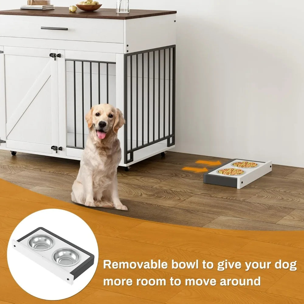 Dog Crate Furniture with Storage Drawer Lockable Wheels