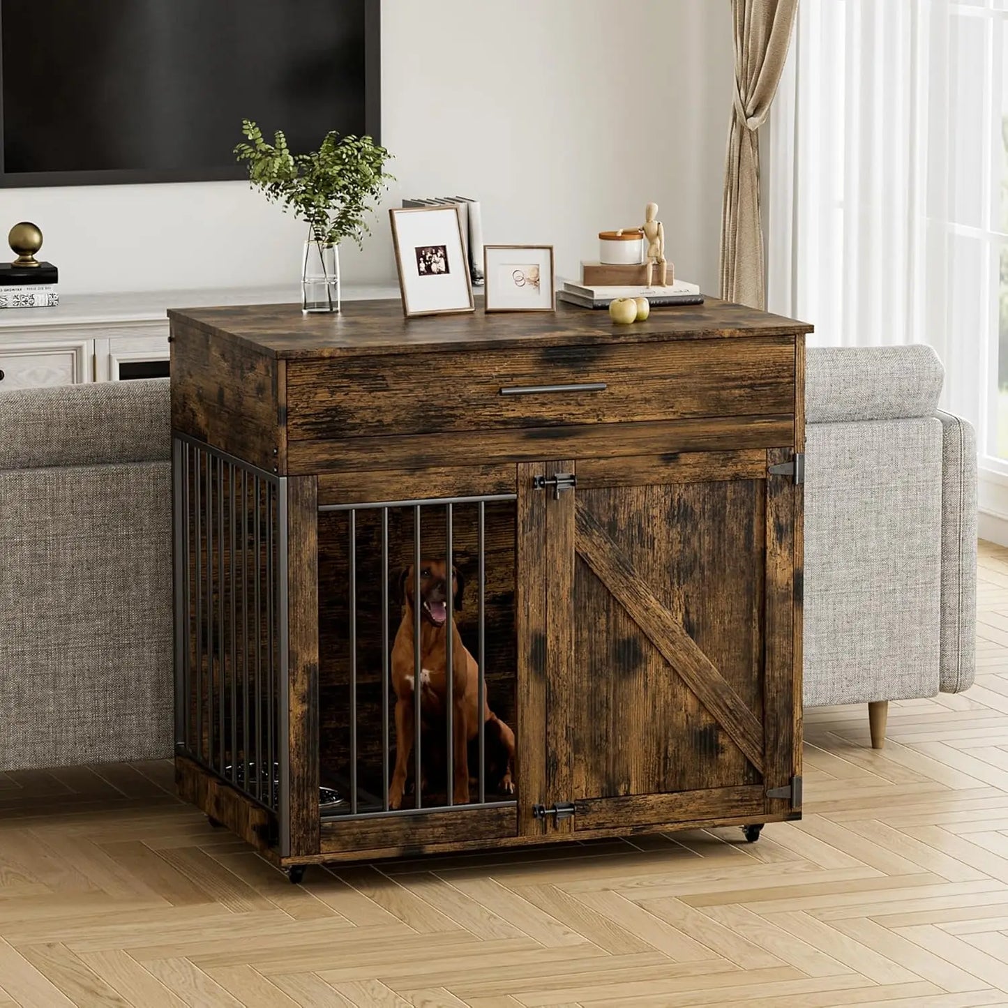 Dog Crate Furniture with Storage Drawer Lockable Wheels