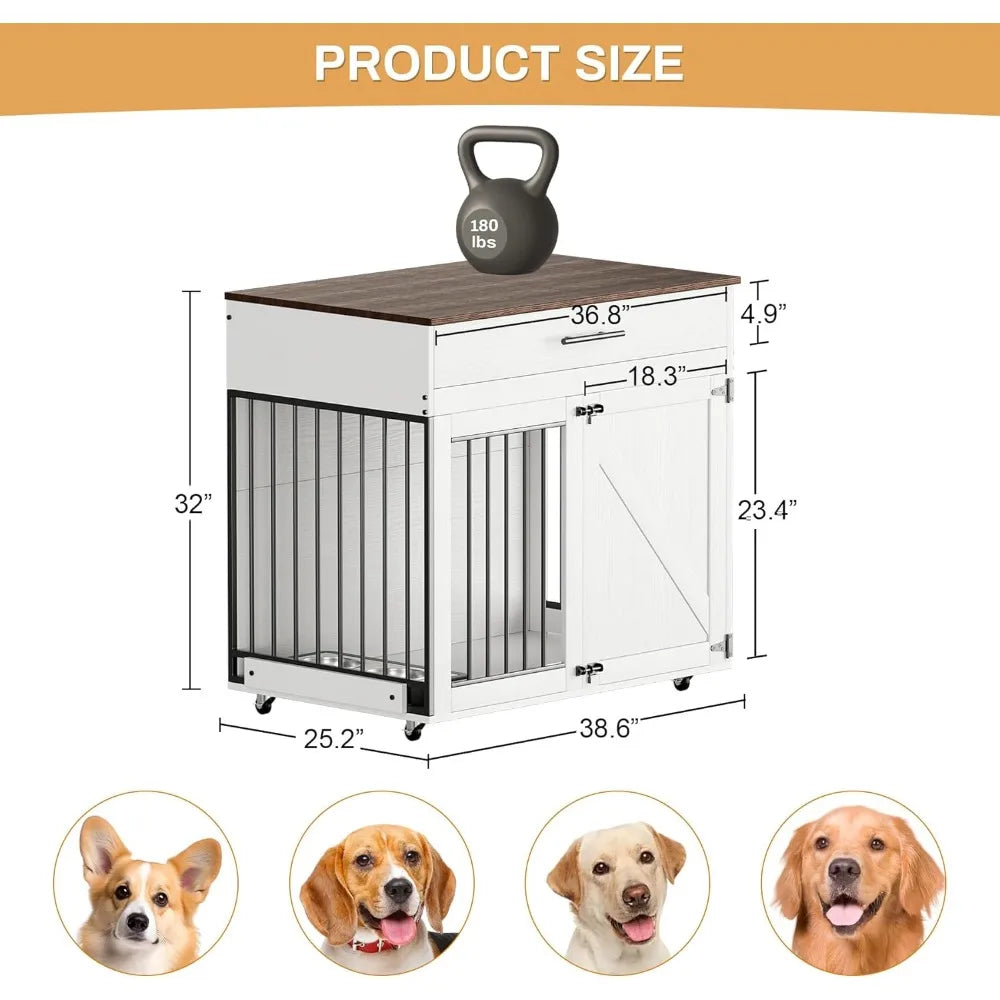 Dog Crate Furniture with Storage Drawer Lockable Wheels