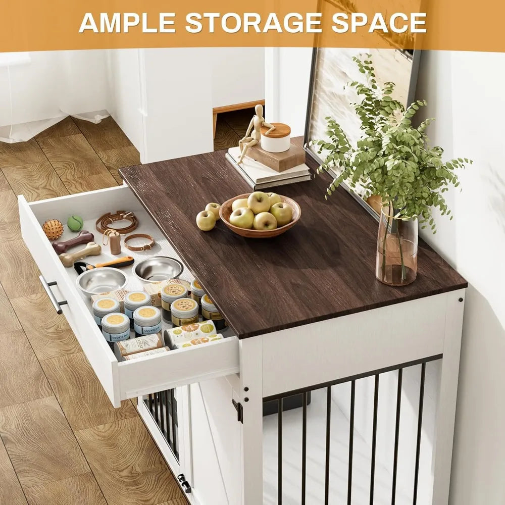 Dog Crate Furniture with Storage Drawer Lockable Wheels