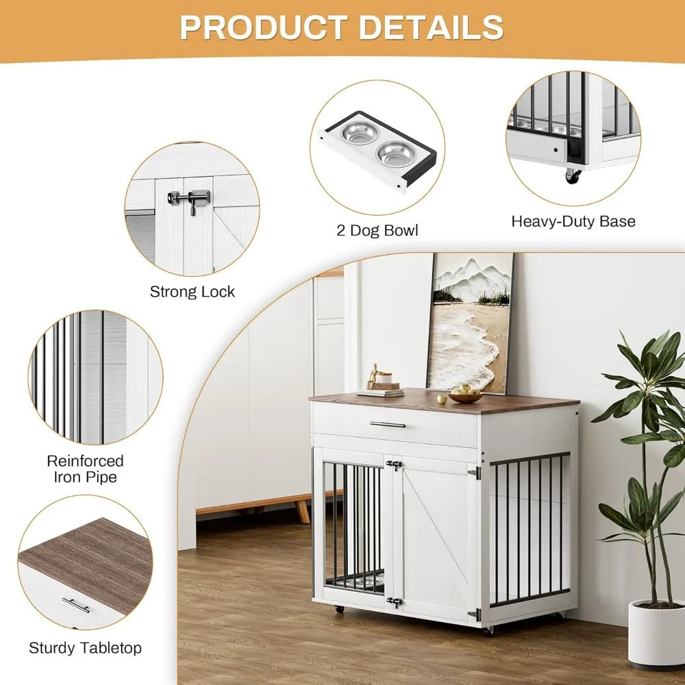 Dog Crate Furniture with Storage Drawer Lockable Wheels