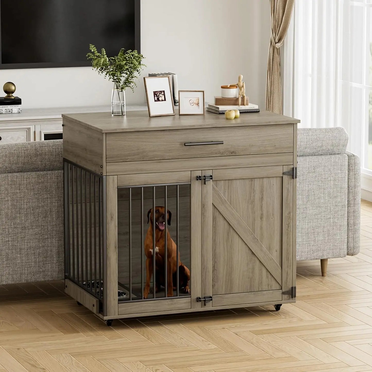 Dog Crate Furniture with Storage Drawer Lockable Wheels