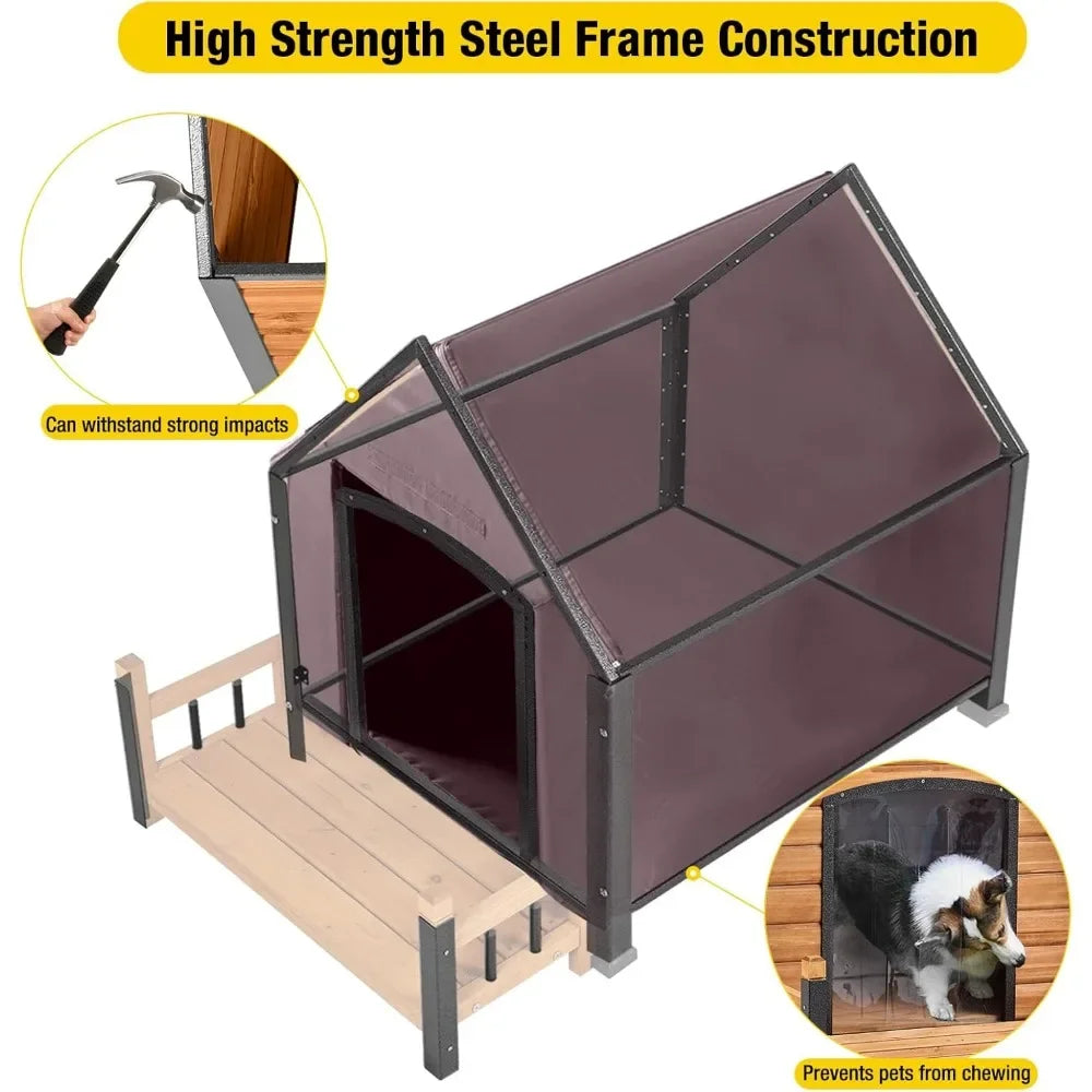 Weatherproof Large Dog Shelter with Anti-Chewing Iron Frame