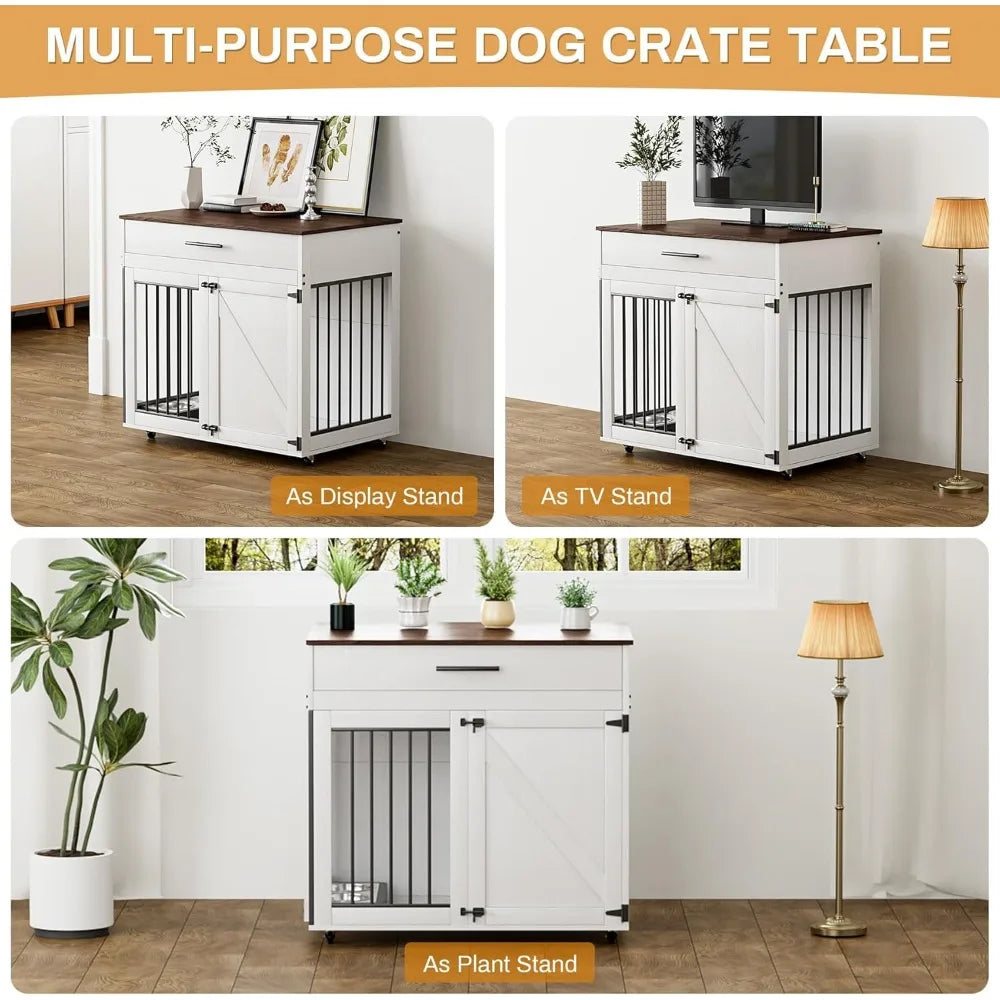 Dog Crate Furniture with Storage Drawer Lockable Wheels