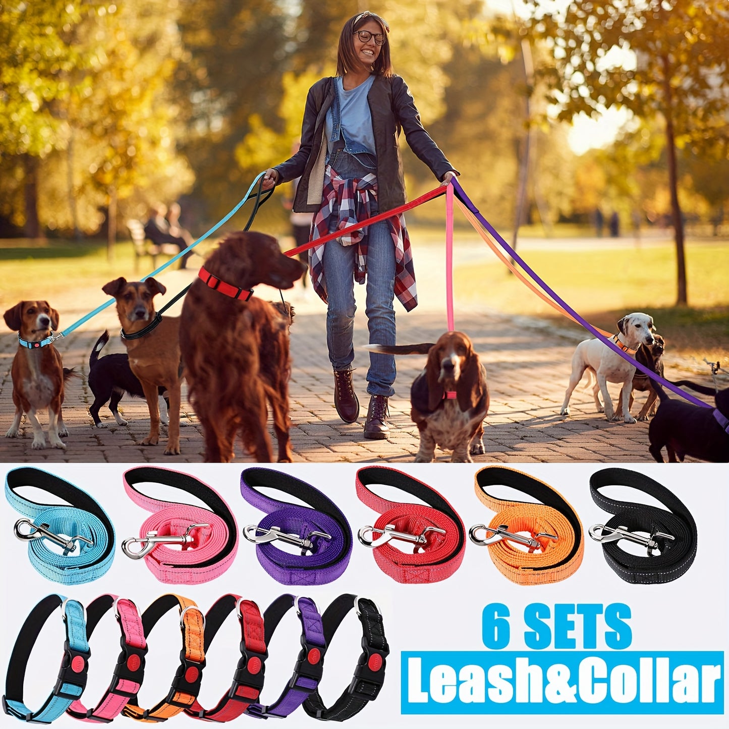 6 Sets Reflective Dog Leash And Collar