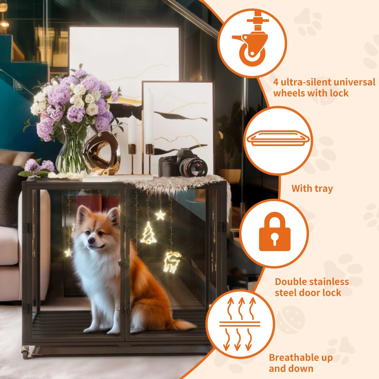 Tempered Glass Dog Crate with  Rolling Frame