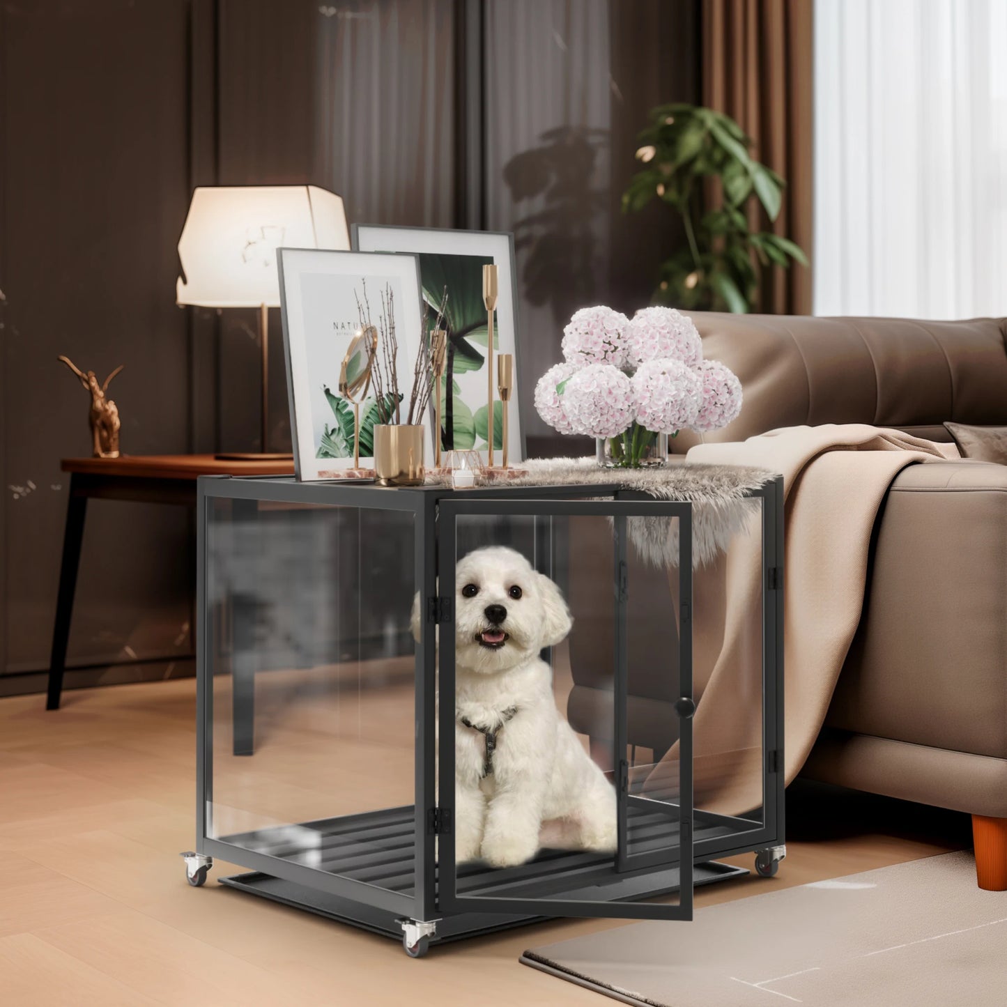 Tempered Glass Dog Crate with  Rolling Frame