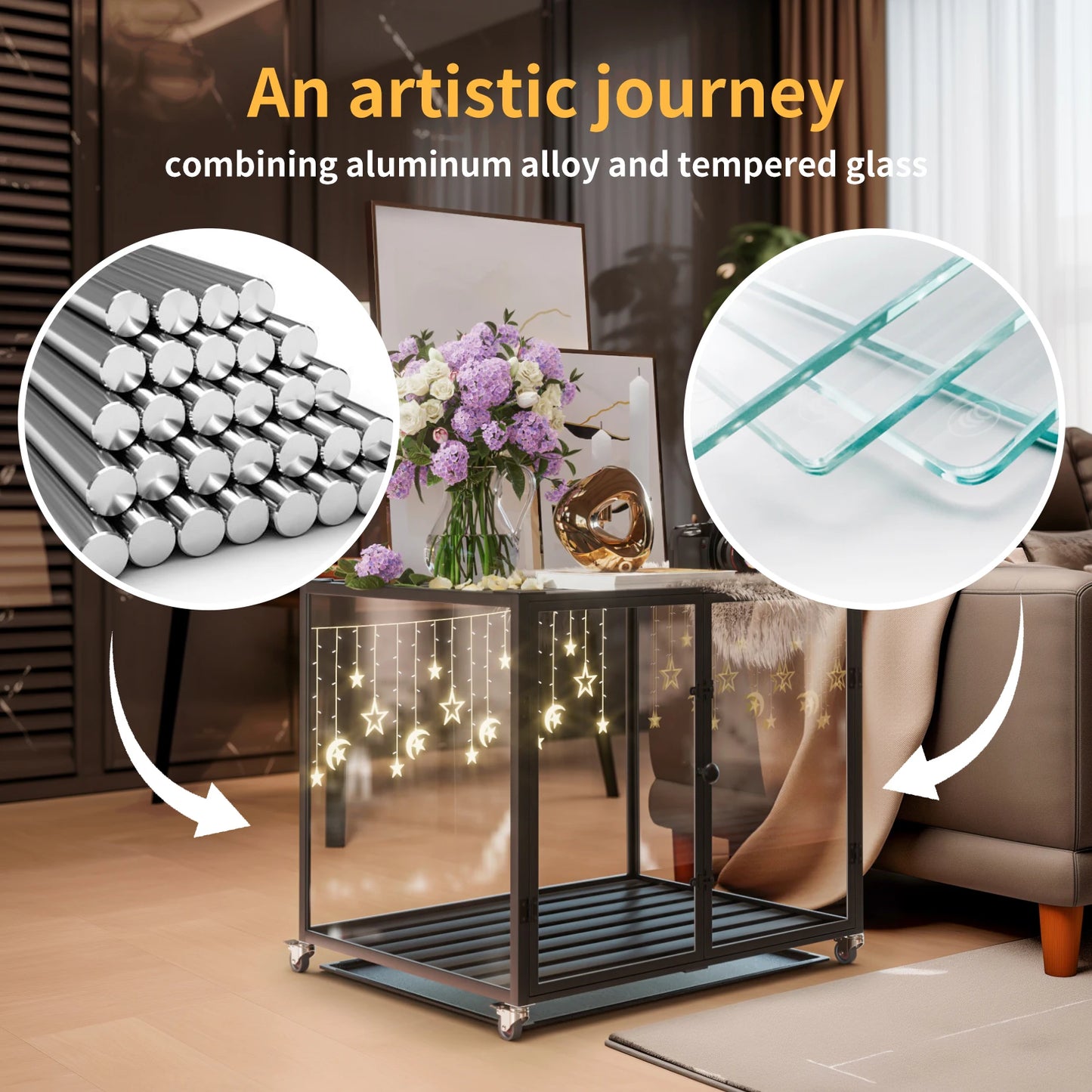 Tempered Glass Dog Crate with  Rolling Frame