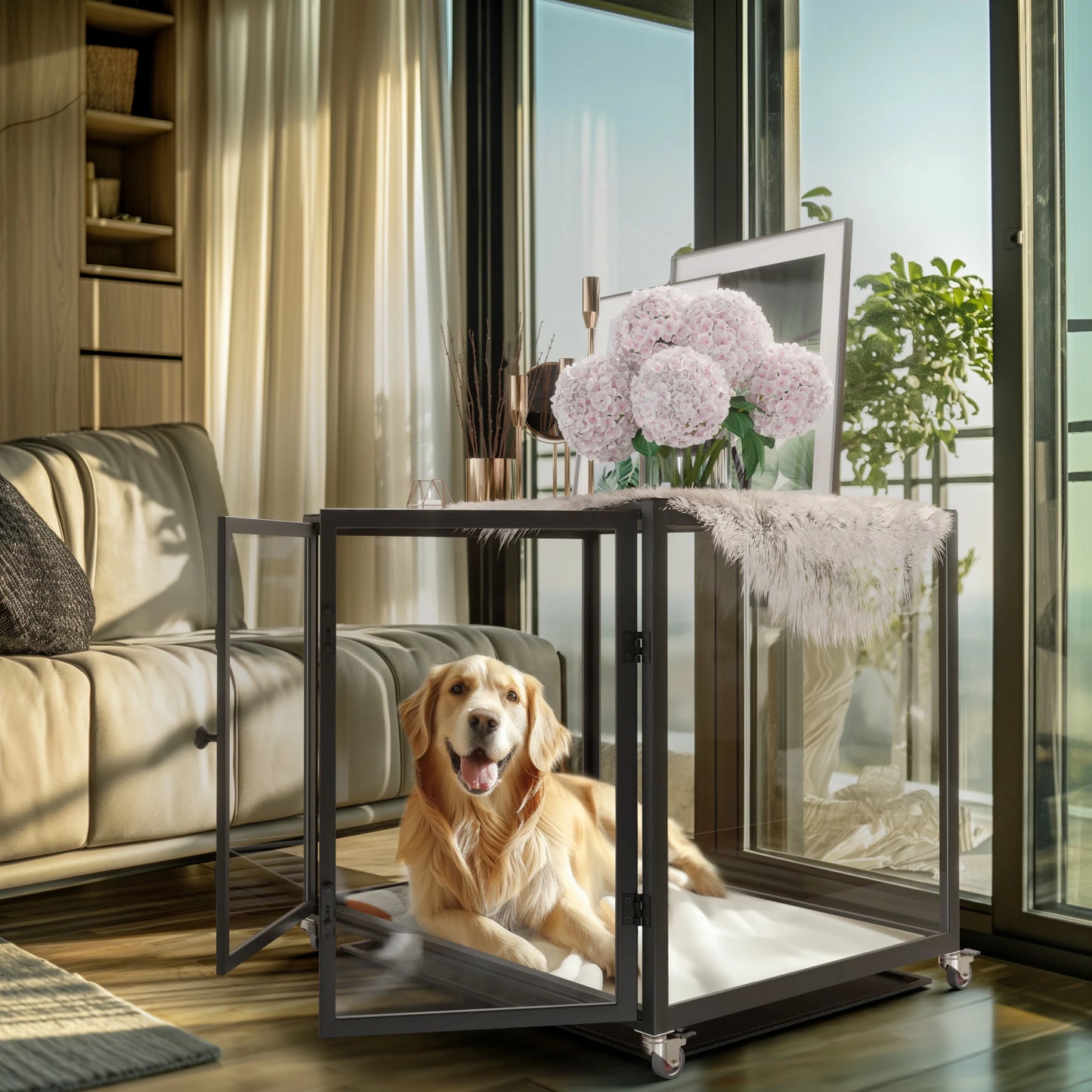Tempered Glass Dog Crate with  Rolling Frame