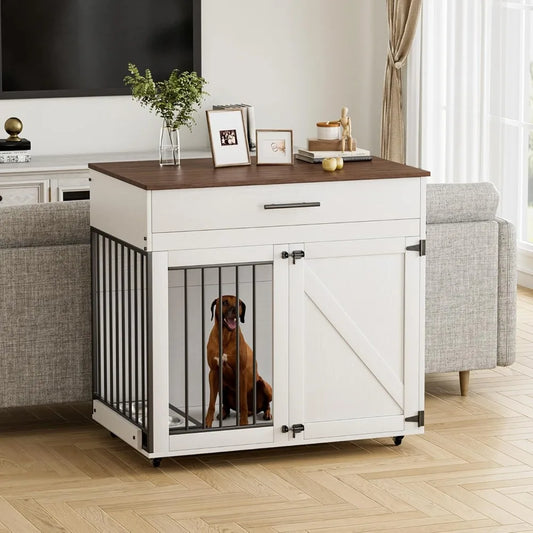 Dog Crate Furniture with Storage Drawer Lockable Wheels