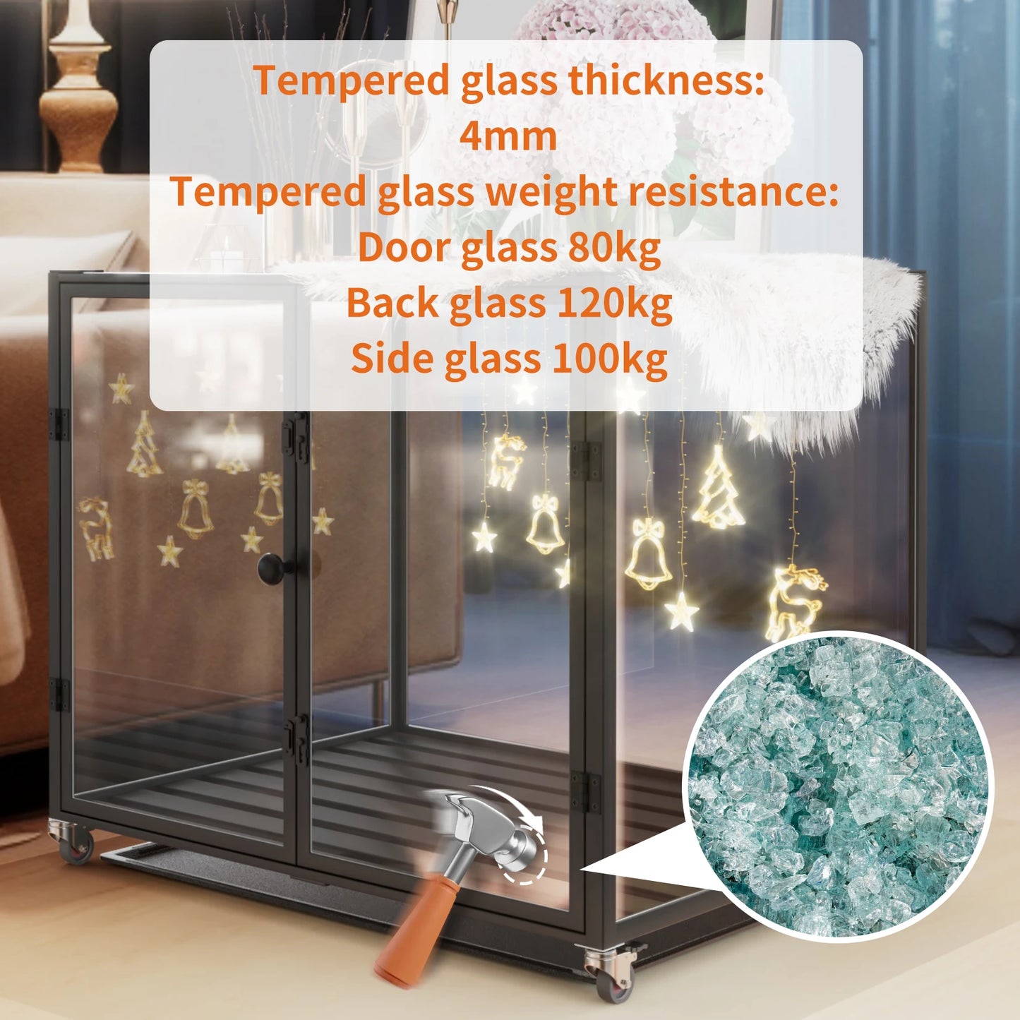 Tempered Glass Dog Crate with  Rolling Frame