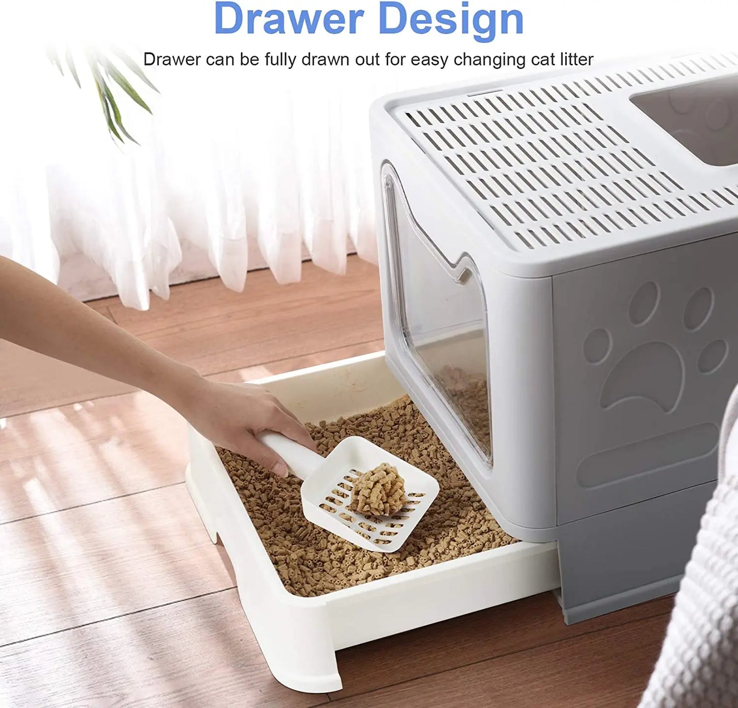Cat Litter Tray Box with Scoop and Drawer